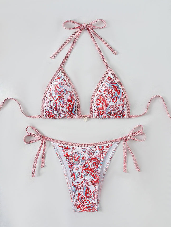 Damen Triangel-Bikini-Set mit verspieltem Blumenmuster und verstellbaren Bindebändern Drune