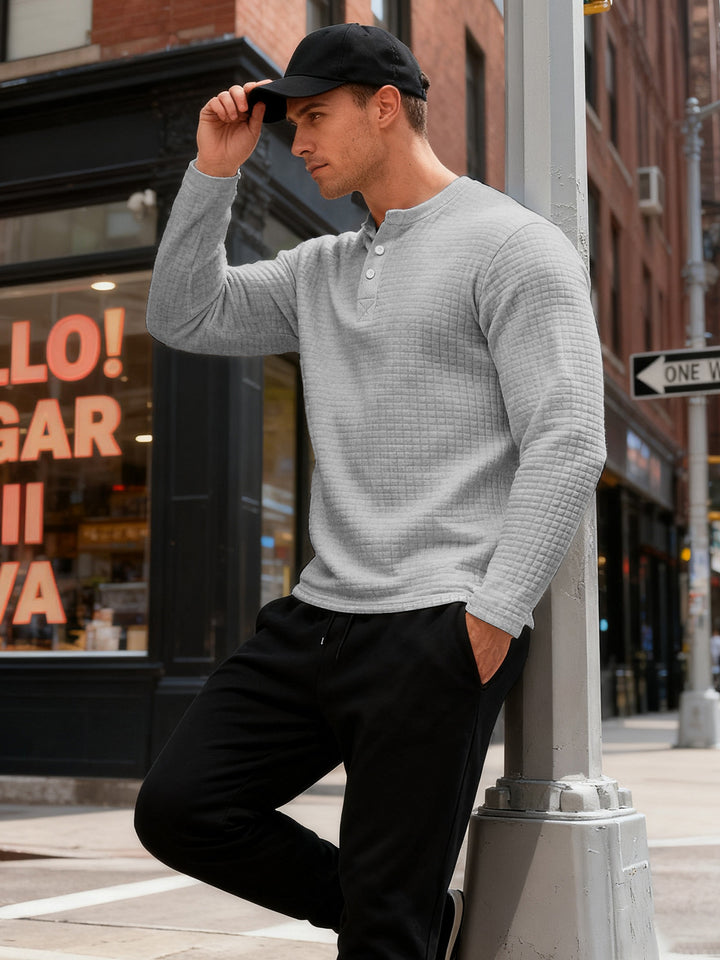 Herren nan strukturiertes Henley-Langarmshirt aus Waffelstrick mit Stehkragen und schmaler Silhouette Drune