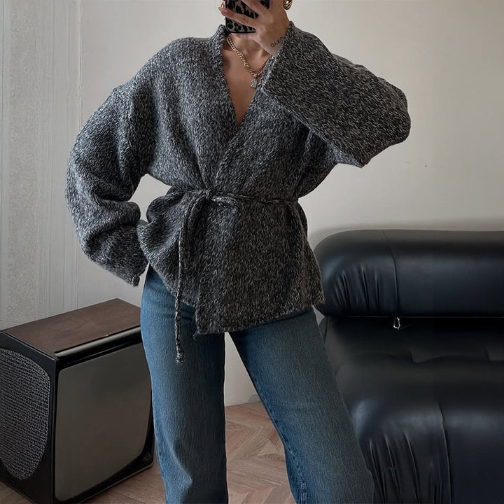 Damen nan oversize Bouclé-Strickjacke mit Taillengürtel und Kimonoärmeln Drune