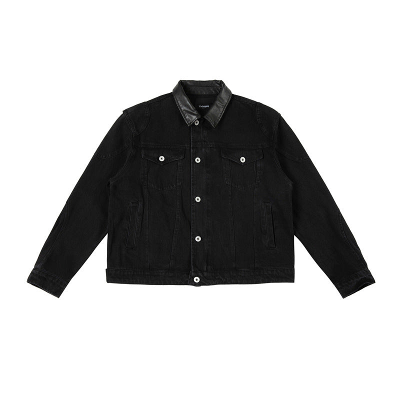 Herren Boxy-Jeansjacke mit Lederimitatkragen und sichtbaren Metallknöpfen Drune