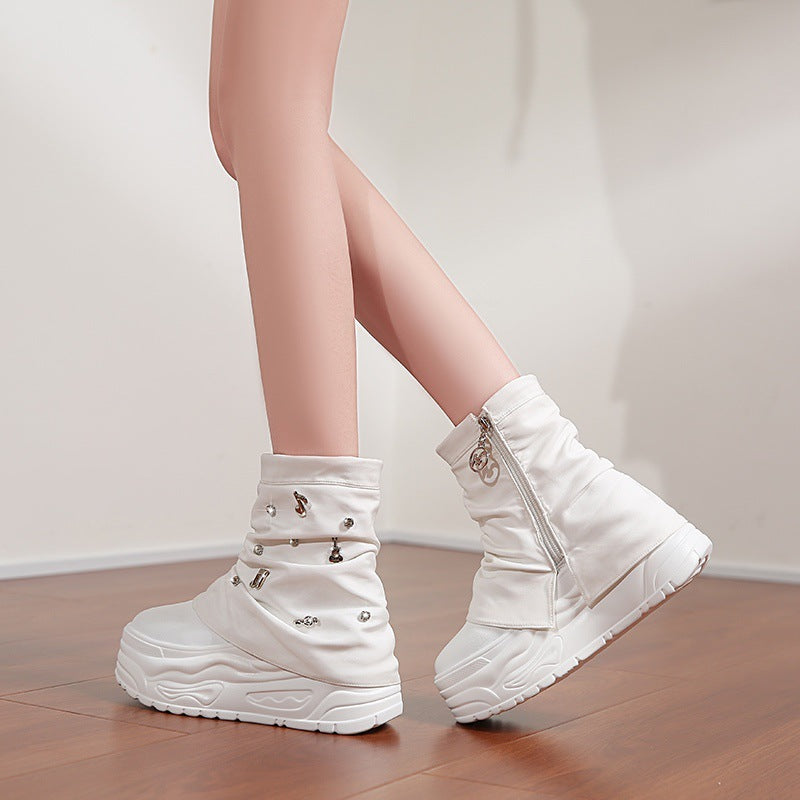 Damen nan Plateau-Stiefelette mit gerafftem Schaft und Musiknoten‑Zierapplikationen Drune