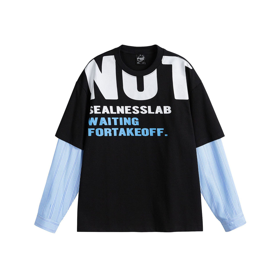 Damen Lagenlook T-Shirt mit eingearbeiteten Hemdärmeln und oversized Print Drune