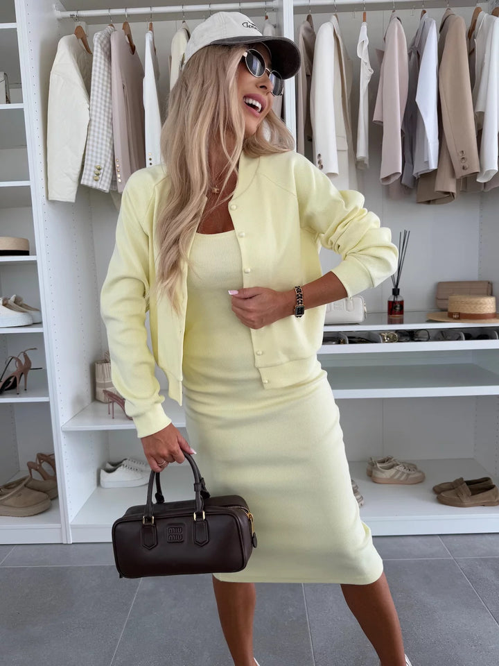 Damen figurbetontes Strick-Midikleid mit passender Kurzjacke und Rundhalsausschnitt Drune