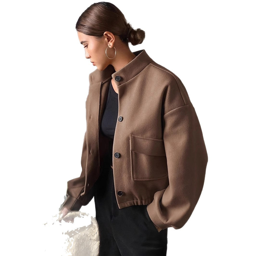 Damen Modische Kurzjacke mit Stehkragen und praktischen Taschen Drune