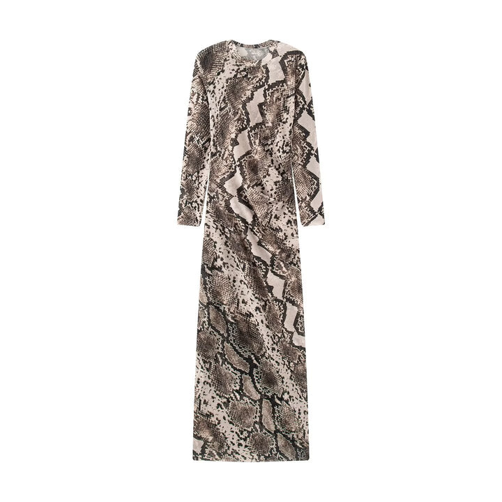 Damen Langes Bodycon-Maxikleid mit Rundhals und Schlangenprint Drune