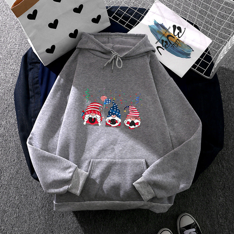 Damen nan Kapuzenpullover mit patriotischem Gartenzwerg-Print, angerautem Fleece-Innenfutter, Oversize-Schnitt und Kängurutasche Drune