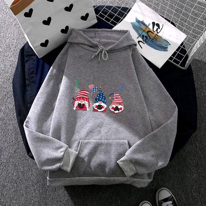 Damen nan Kapuzenpullover mit patriotischem Gartenzwerg-Print, angerautem Fleece-Innenfutter, Oversize-Schnitt und Kängurutasche Drune