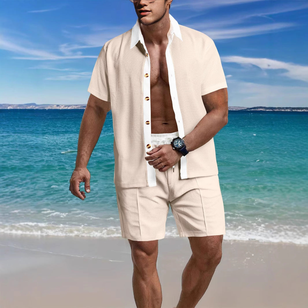 Herren nan modernes Freizeit-Set aus feinem Strukturjersey mit Hemdkragen-Knopfleiste und Kordel-Shorts Drune