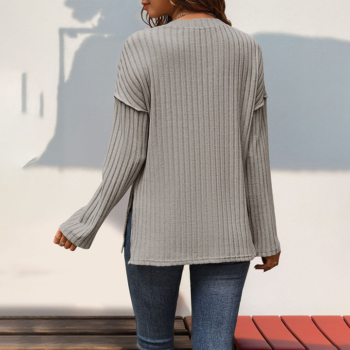 Damen Gerippter Henley-Pullover mit Knopfleiste und überschnittener Schulter Drune