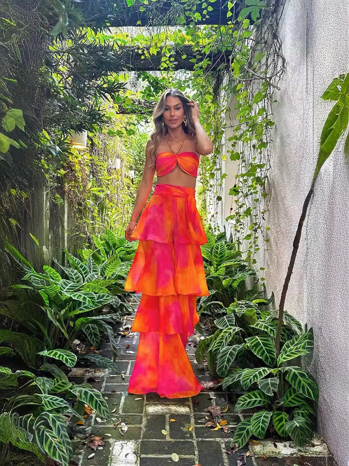 Damen Zweiteiliges Sommeroutfit mit bandeau Oberteil und voluminösem Stufenrock Drune