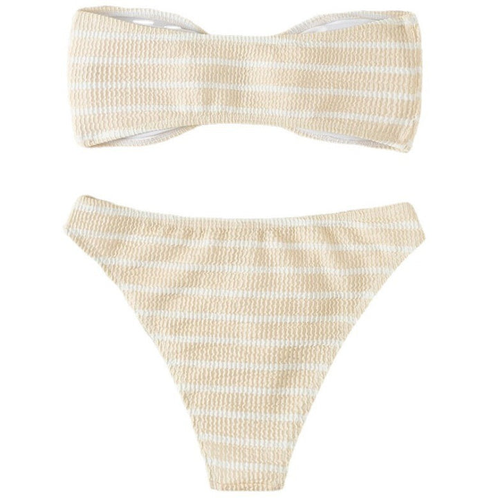 Damen Bandeau-Bikini mit modischem Streifenmuster und dekorativer Schnalle Drune