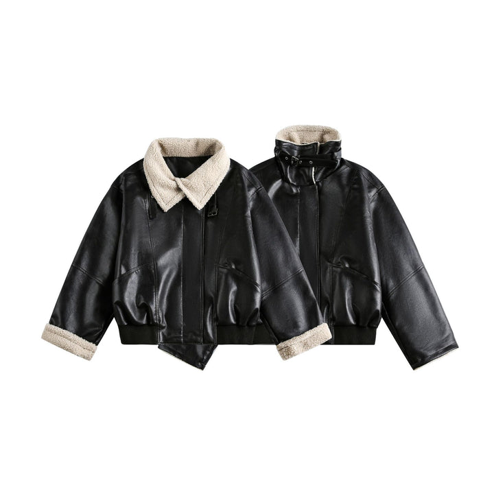 Damen Moderner Aviator-Blouson aus veganem Leder mit Teddykragen und kontrastierten Ärmelumschlägen Drune
