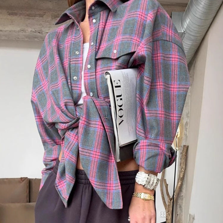 Damen Karo Oversize Flanellhemd Bluse mit Druckknopfblende und Hemdkragen Drune