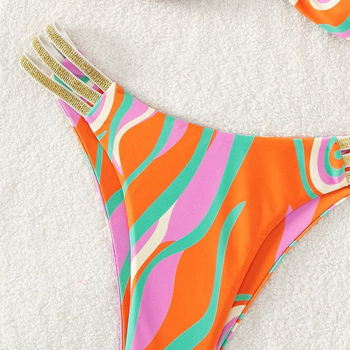 Damen Push-Up-Bikini mit verstellbaren Trägern und eleganten Goldakzenten Drune