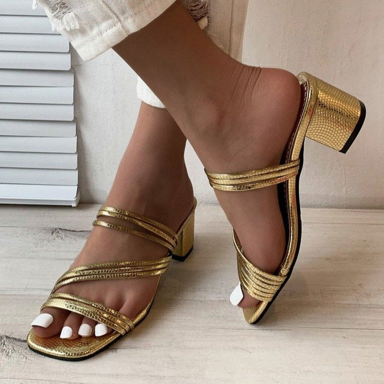 Damen nan elegante Mehrfachriemen-Mule mit mittelhohem Blockabsatz und Schlangenprägung Drune
