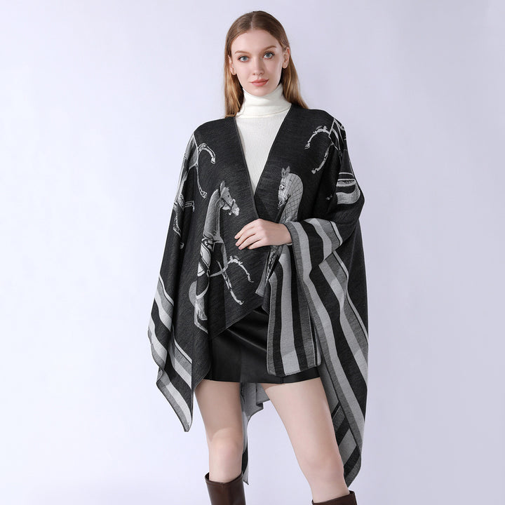 Damen Jacquard-Poncho-Überwurf mit Pferde-Motiv und kastiger Kimono-Silhouette Drune