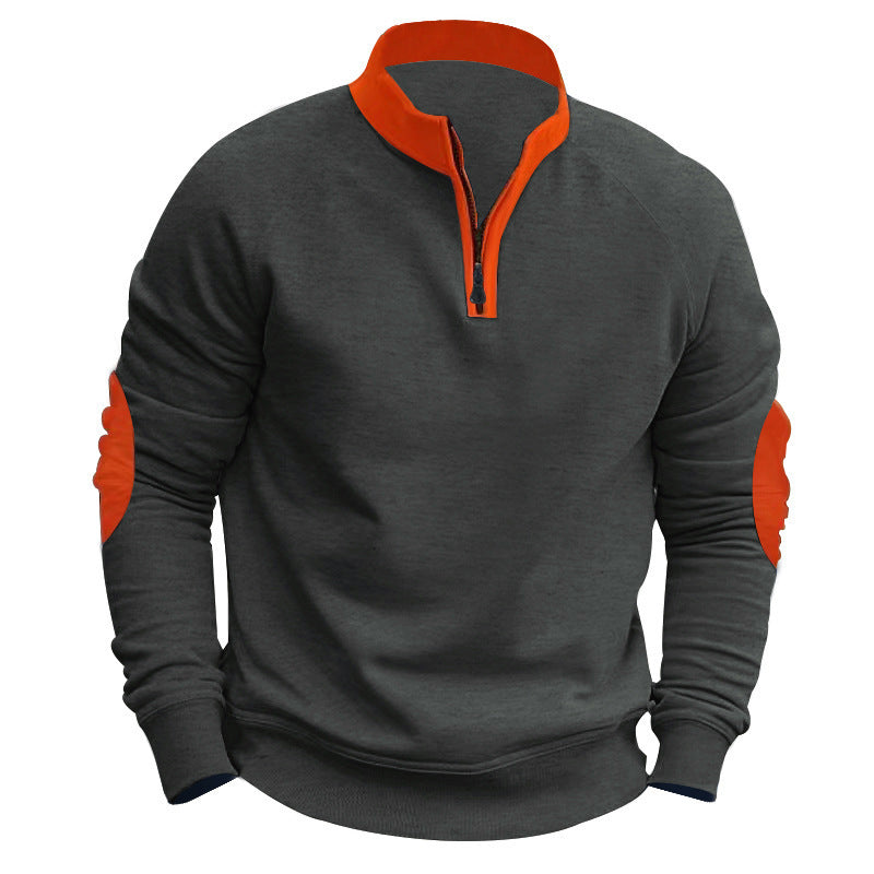 Herren nan Zip-Pullover mit Stehkragen, halbem Reißverschluss und verstärkten Ellbogenpatches Drune