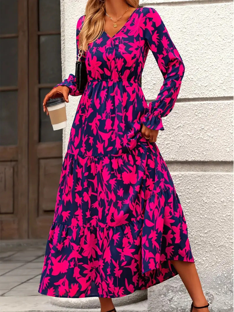 Damen Maxikleid mit V-Ausschnitt und voluminösen Ärmeln Drune