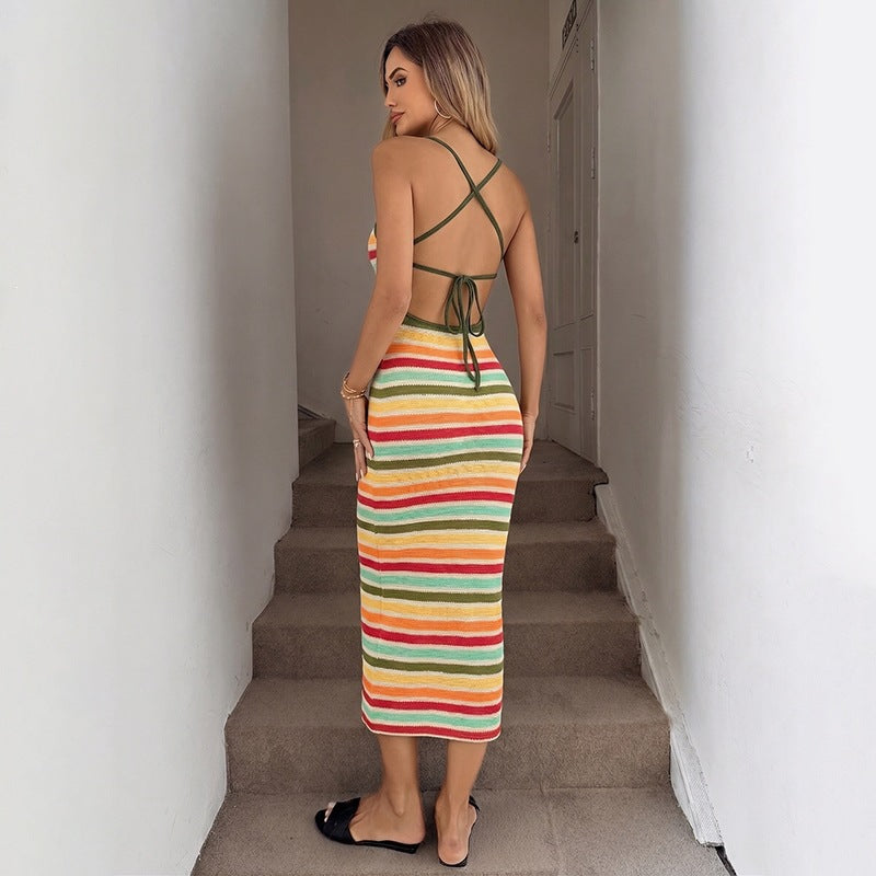 Damen Strick-Kleid im lässigen Streifenmuster mit schmalen Spaghetti-Trägern Drune