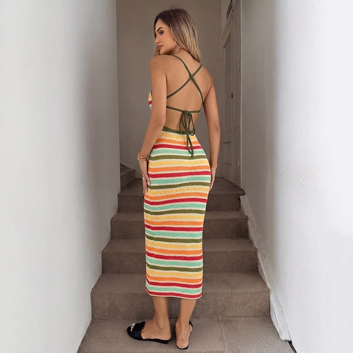 Damen Strick-Kleid im lässigen Streifenmuster mit schmalen Spaghetti-Trägern Drune