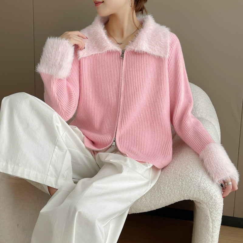 Damen Strickjacke mit luxuriösem Kunstfellkragen und Rippstrick Drune