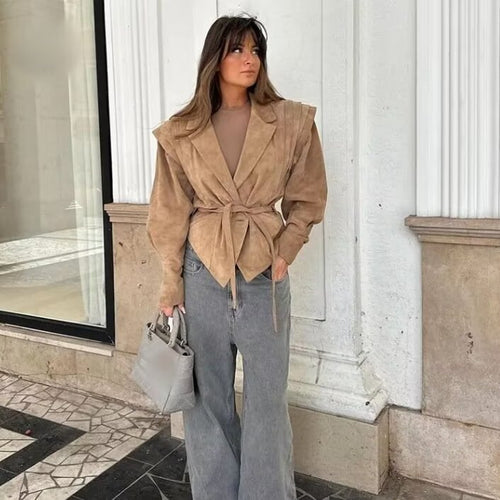 Damen nan taillierte Veloursoptik Blazerjacke mit Bindegürtel, betonter Schulter und gemusterter Innenfütterung Drune