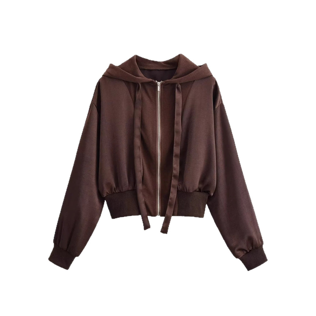Damen Cropped Hoodie-Jacke mit durchgehendem Reißverschluss, breite Kapuze und taillierendem Rippbund Drune