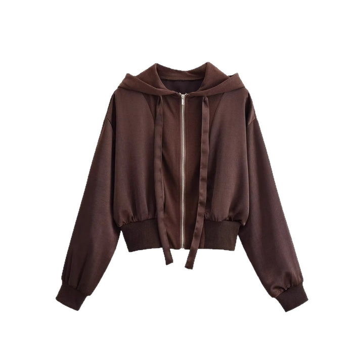Damen Cropped Hoodie-Jacke mit durchgehendem Reißverschluss, breite Kapuze und taillierendem Rippbund Drune