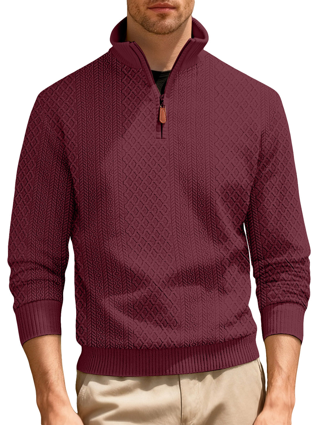 Herren nan feinstrukturierter Halbzip-Pullover im Jacquard-Relief mit hohem Stehkragen und Leder-Zipper Drune