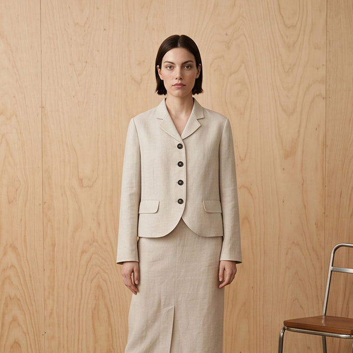 Damen Taillierter Leinenblazer mit Schößchen, Pattentaschen und durchgehender Knopfleiste Drune