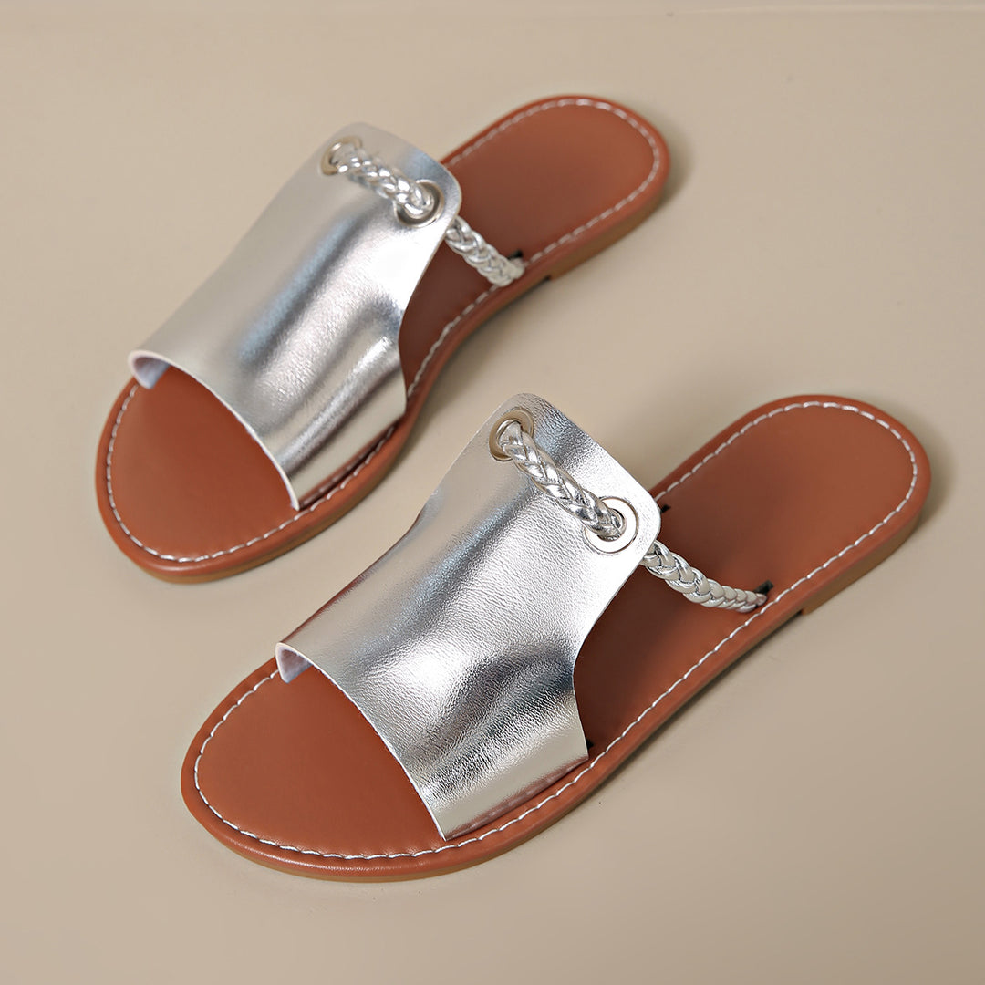 Damen nan elegante flache Pantolette mit breitem Obermaterial und geflochtenem Zehenriemen Drune
