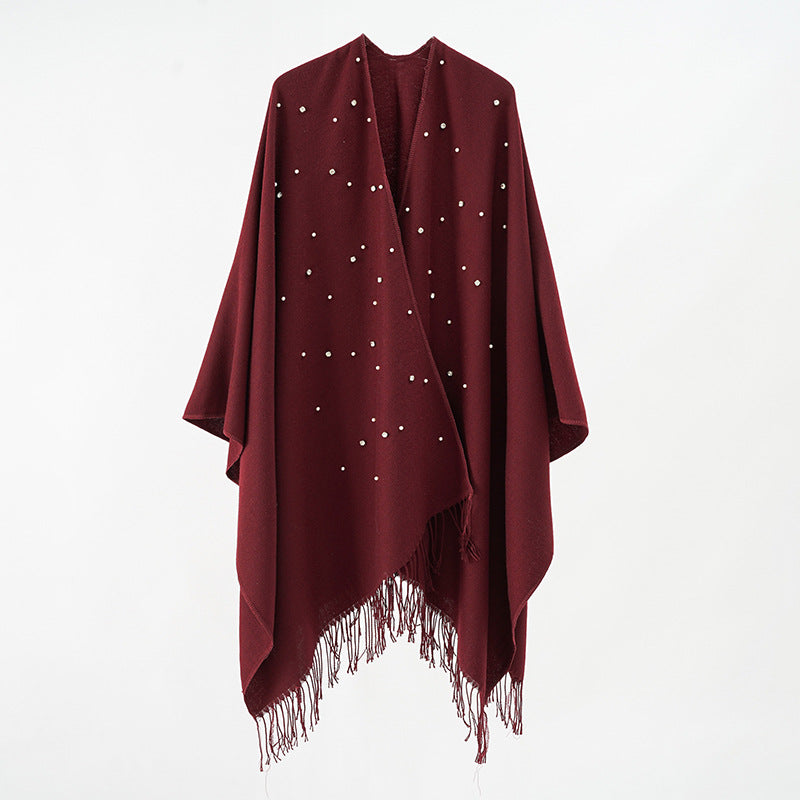 Damen Kaschmiroptik-Überwurfponcho mit Perlenapplikation Drune