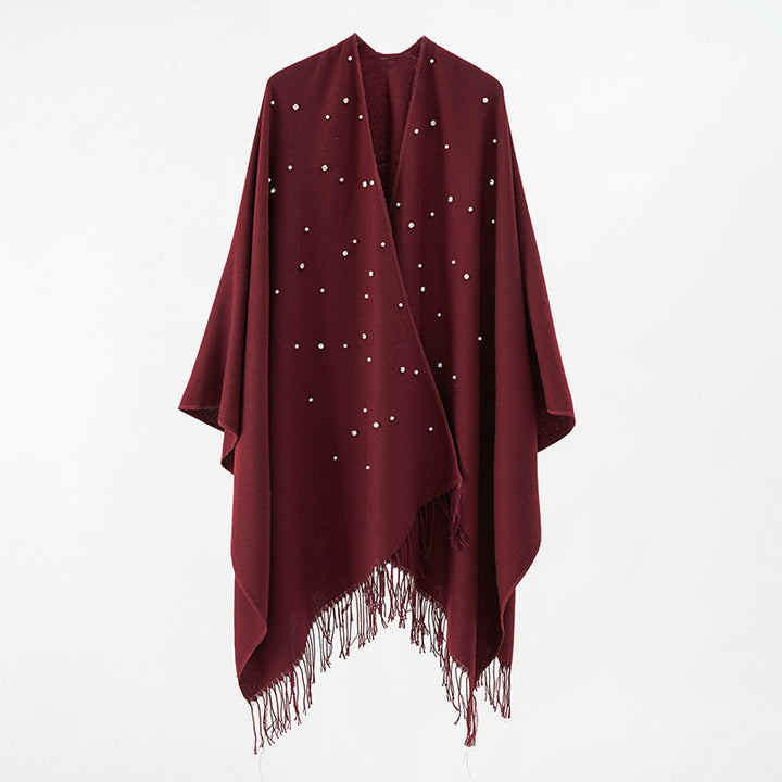 Damen Kaschmiroptik-Überwurfponcho mit Perlenapplikation Drune