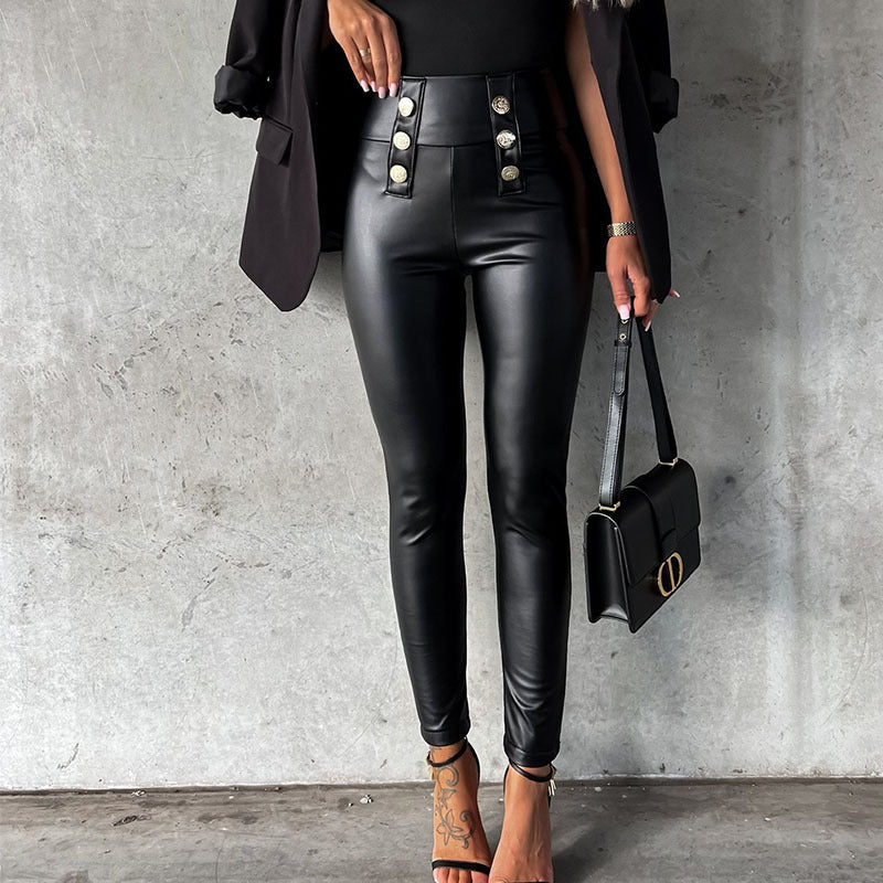Damen imitat Leggings mit glänzender Oberfläche und dekorativen Knöpfen Drune