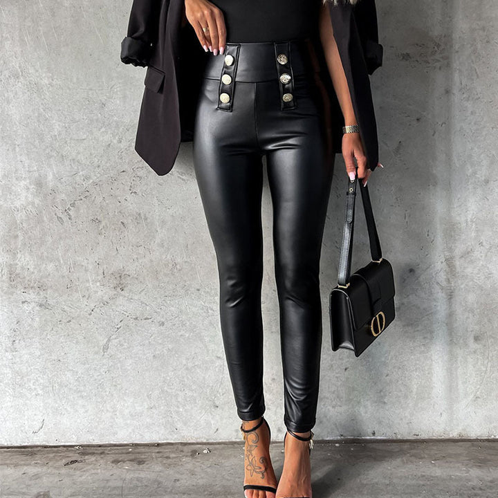 Damen imitat Leggings mit glänzender Oberfläche und dekorativen Knöpfen Drune
