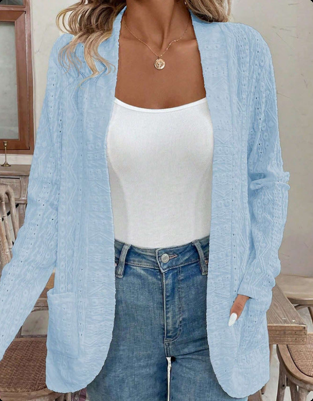 Damen Offener Strukturierter Strickcardigan mit Eingrifftaschen Drune