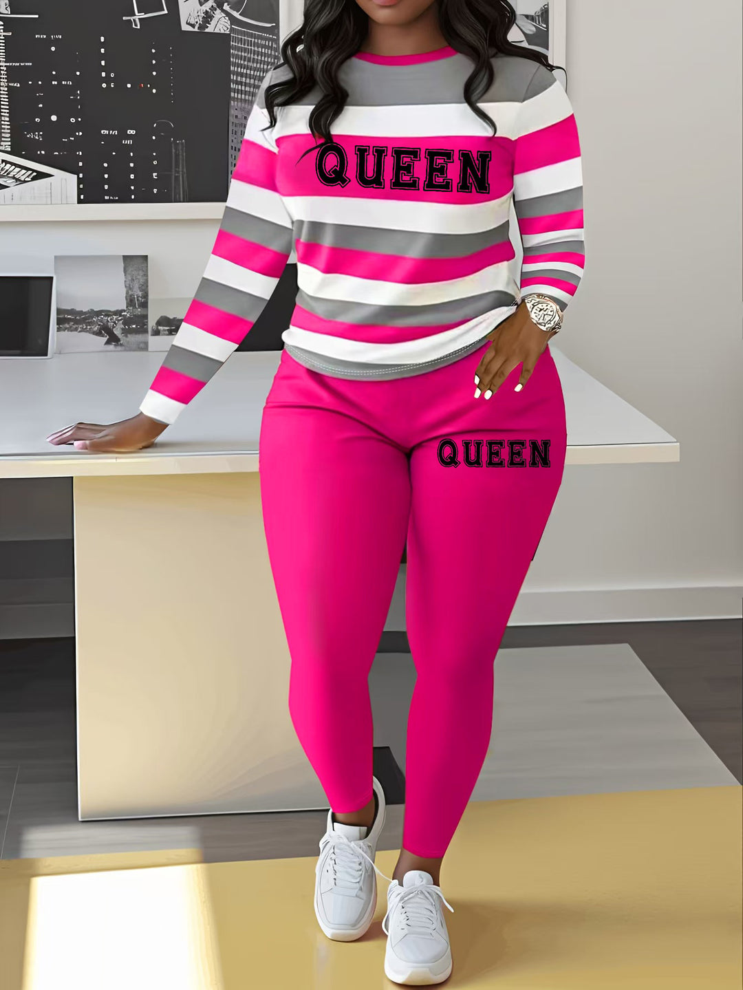 Damen Sportliches Zweiteiler-Set mit gestreiftem Oberteil und leggings Drune