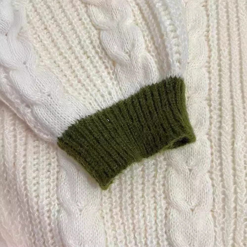 Damen nan gestrickter Oversize-Cardigan mit Zopfmuster, V-Ausschnitt, Knopfleiste und floraler Ärmelstickerei Drune