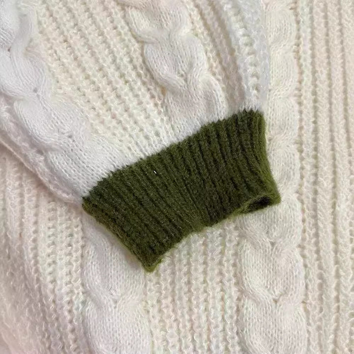 Damen nan gestrickter Oversize-Cardigan mit Zopfmuster, V-Ausschnitt, Knopfleiste und floraler Ärmelstickerei Drune