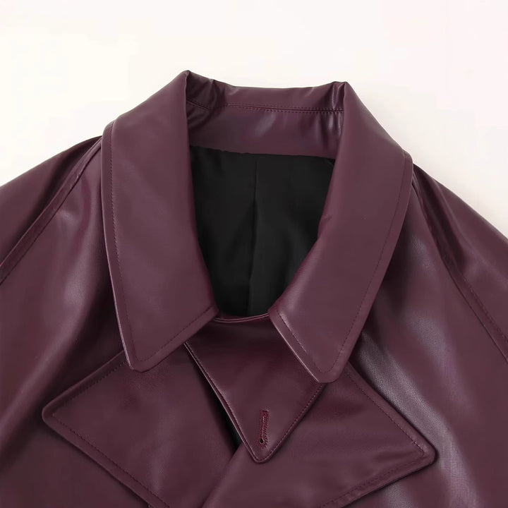 Damen nan kurz geschnittene Cropped Trench-Bikerjacke aus veganem Lackleder mit Taillengürtel und verstellbaren Manschetten Drune