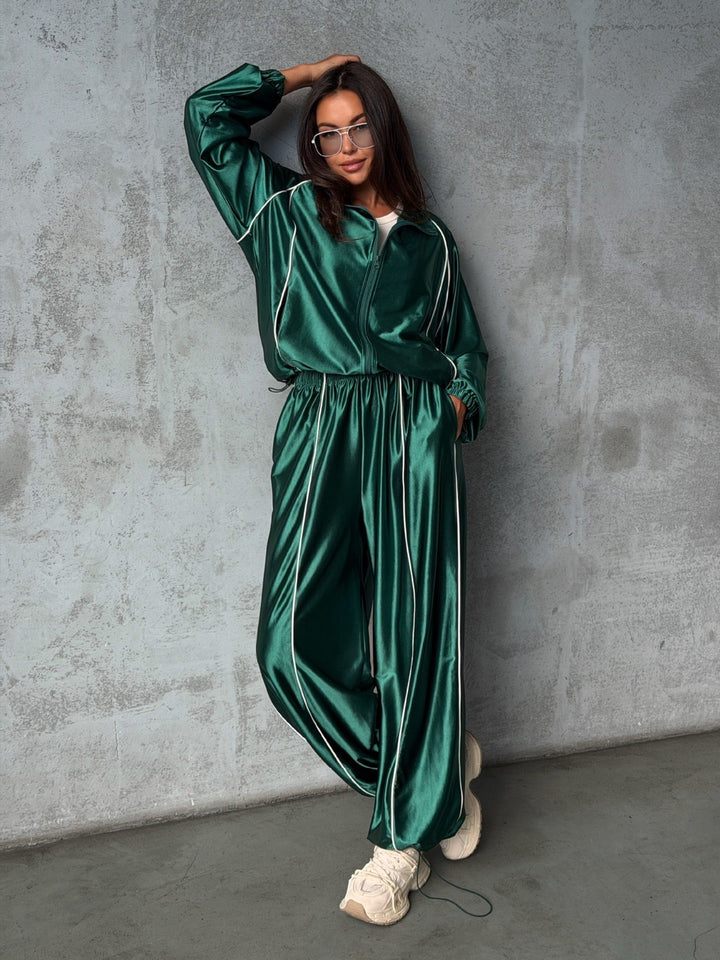 Damen Satin-Trainingsanzug mit Reißverschlussjacke und weiter Gummibund-Hose Drune