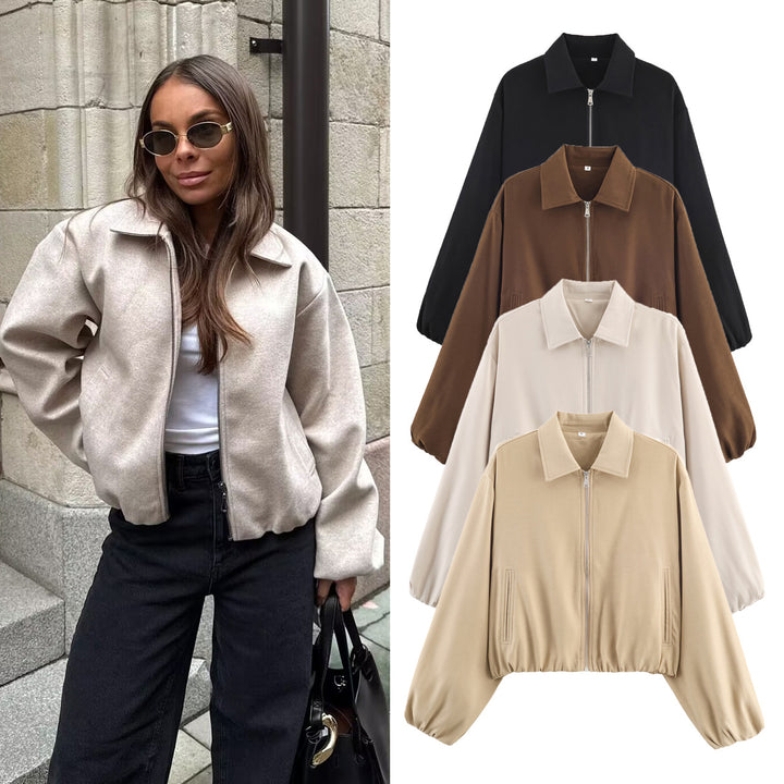 Damen Kurzjacke im Harrington‑Stil mit Polka‑Dot‑Muster, Ballonärmeln und elastischem Saum Drune