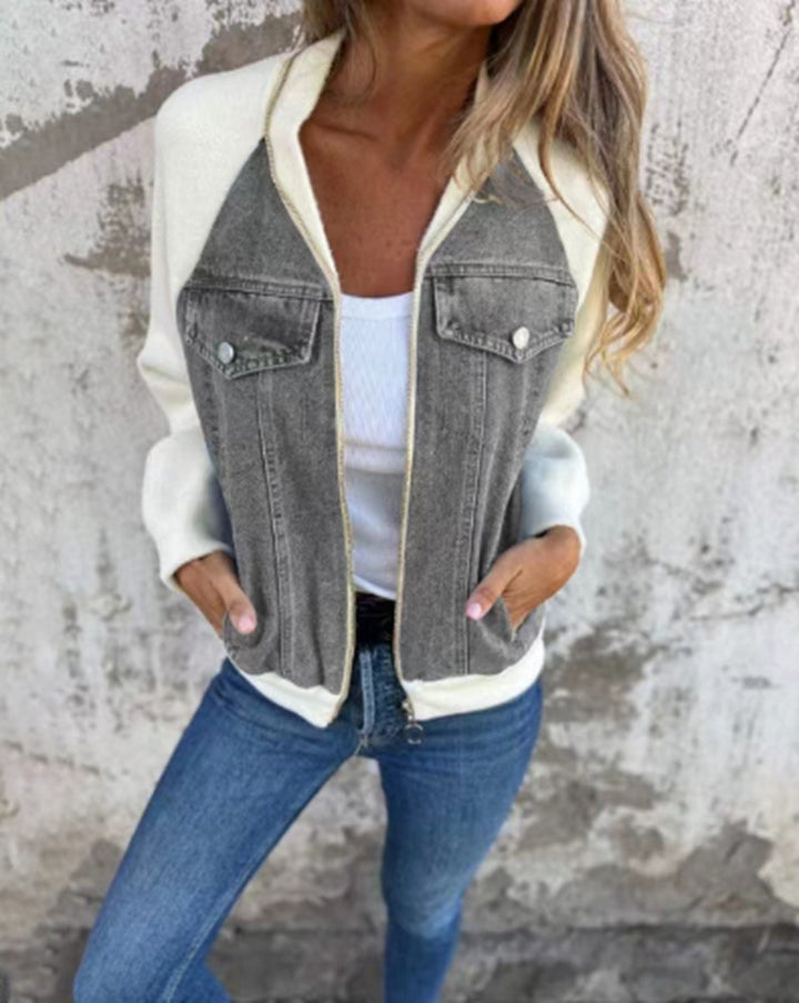 Damen nan Sweat-Jeans-Bomberjacke mit Raglanärmeln Brustklappen und Reißverschluss Drune