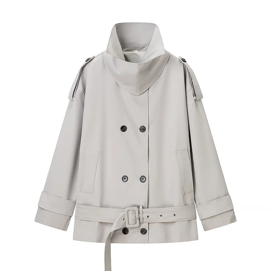Damen nan kurz geschnittener Doppelreiher Trenchcoat mit Taillengürtel und hohem Stehkragen Drune
