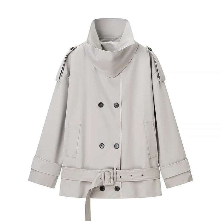 Damen nan kurz geschnittener Doppelreiher Trenchcoat mit Taillengürtel und hohem Stehkragen Drune