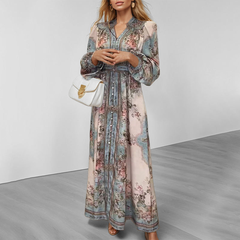 Damen Elegantes Maxikleid mit kunstvollem floralem Design und tailliertem Gürtel Drune
