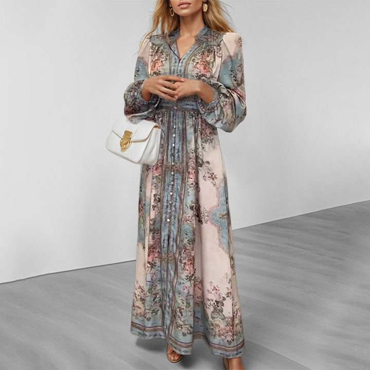Damen Elegantes Maxikleid mit kunstvollem floralem Design und tailliertem Gürtel Drune