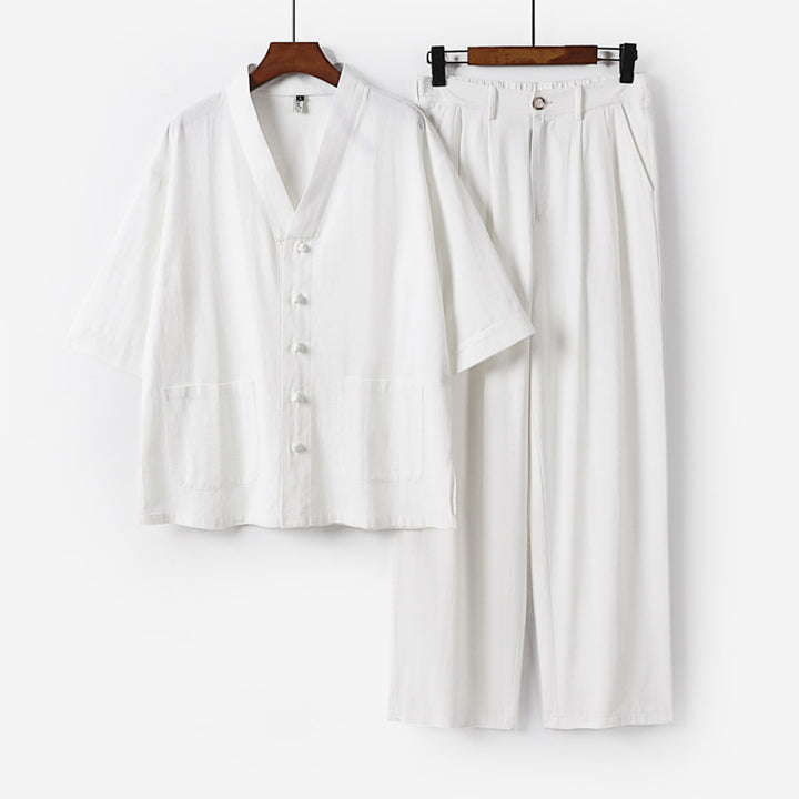 Unisex Zen-inspiriertes Relax-Set mit Kurzarm-Kimono-Oberteil, verdeckter Knopfleiste und elastischer Bundhose Drune