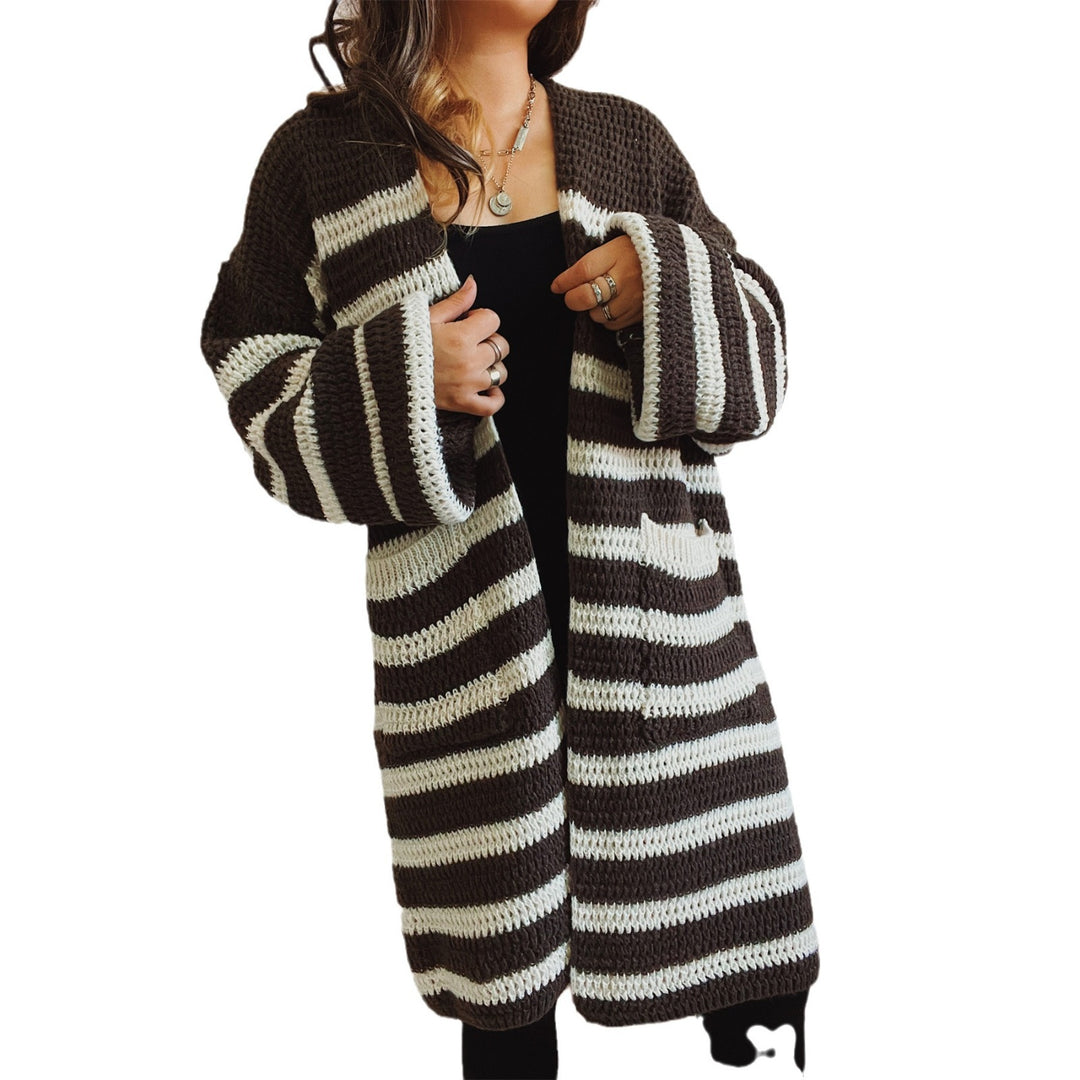 Damen lässige Strickjacke mit modernem Streifenmuster und weiten Ärmeln Drune