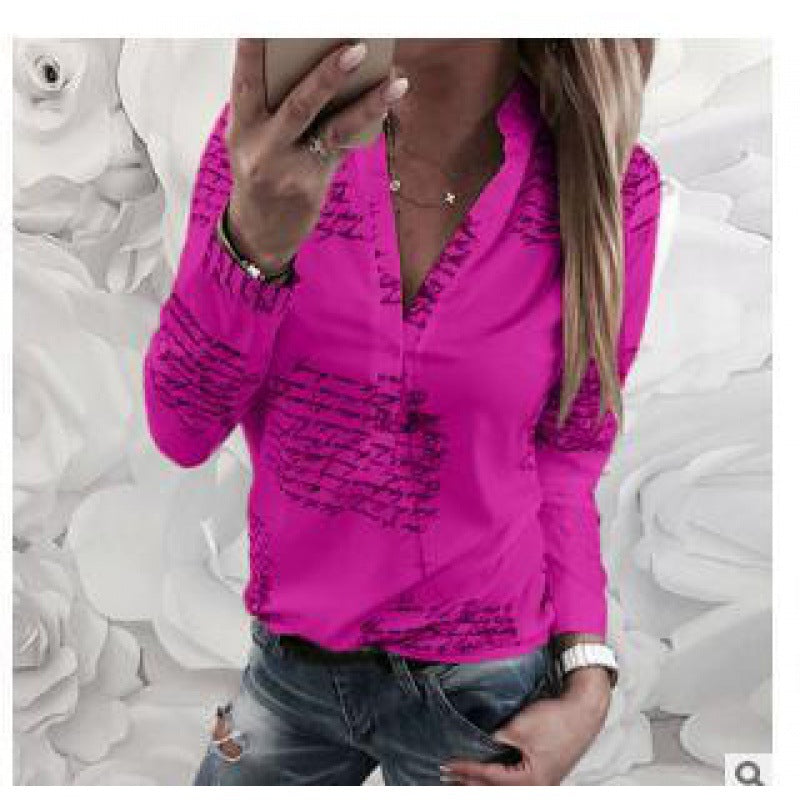 Damen Bluse mit kunstvollem Schriftmuster und modernem Stehkragen Drune